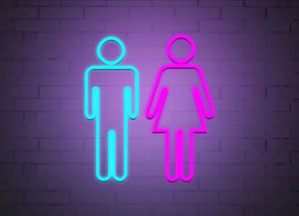 neon signs of men and women on the background of a brick wall.
