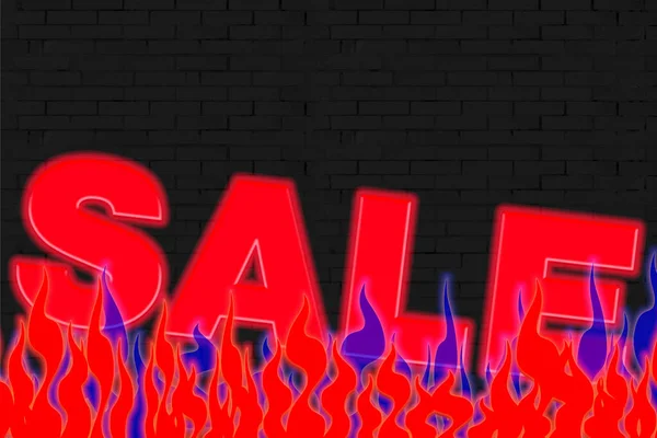 Neon Sign Sale Fire Background Brick Wall — Stock Photo, Image