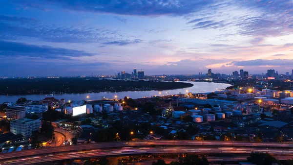 Vista Aérea Panorámica Del Horizonte Bangkok Los Intercambios Carreteras Río — Foto de Stock
