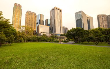 Günbatımında Chatuchak Park manzarası, arka planda Bangkok ufuk çizgisine karşı yeşil bir çimenlik. Tayland.