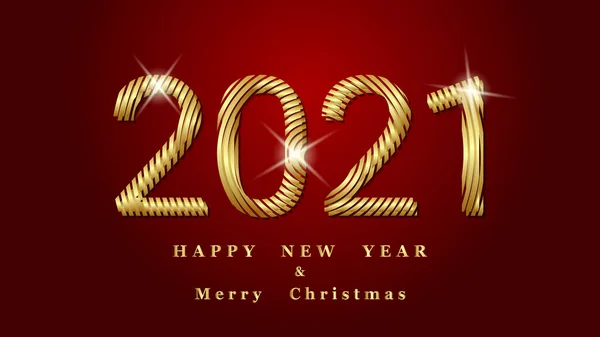 Happy New Year 2021. Holiday vector illustration of gold metallic numbers 2021 composed of abstract gold stripes. Festive poster or banner design. Modern lettering composition