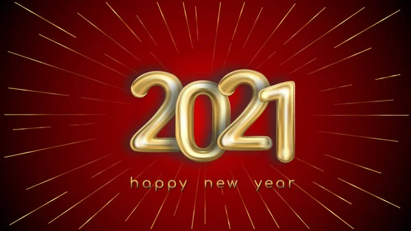 Feliz año nuevo 2021 bandera. Oro vector texto de lujo 2021 sobre fondo rojo con rayos — Archivo Imágenes Vectoriales