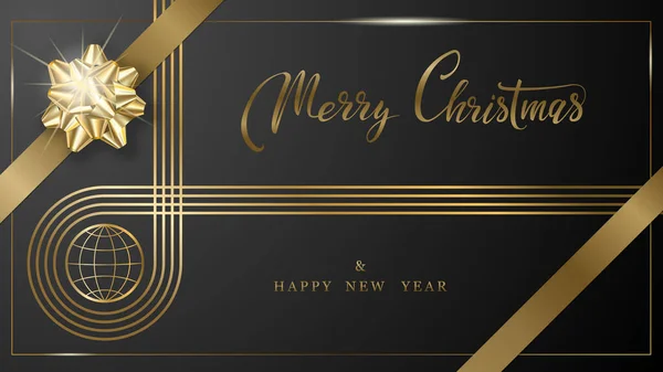 Festive Merry Christmas and Happy New Year greeting card template on black background —  Vetores de Stock