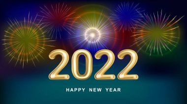 Havai fişek geçmişi olan 2022 numaralı altın metalin tatil vektör illüstrasyonu. Tatil için havai fişek gösterisi renkli.