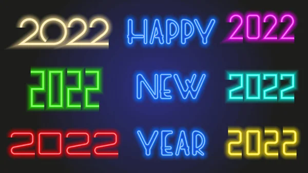 Набор неоновых разноцветных 2022 счастливых новогодних икон — стоковый вектор