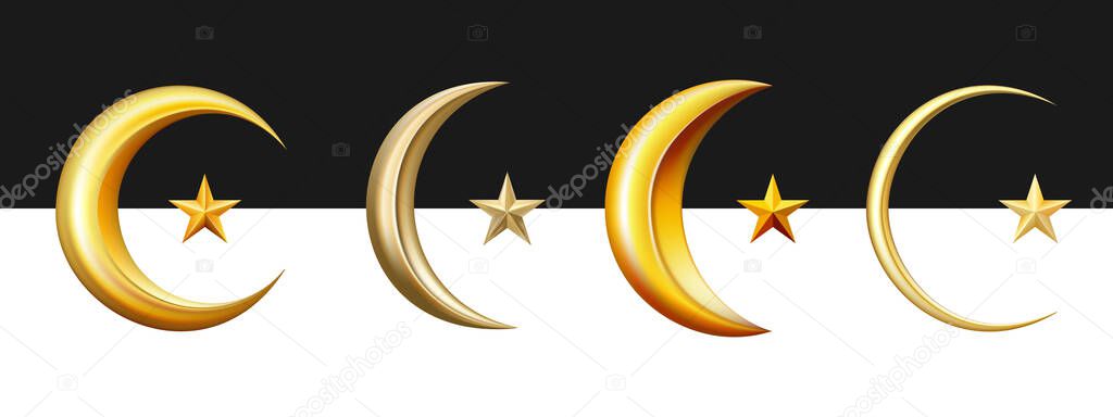 Set of realistic golden crescent moons and golden stars isolated on black and white backgrounds.