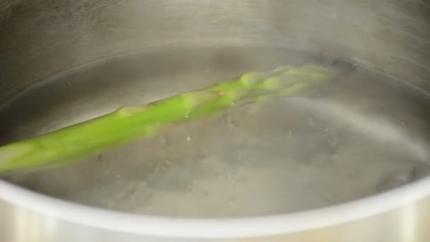 끓는 물 냄비에 아스파라거스를 요리 하는 요리사 — 비디오