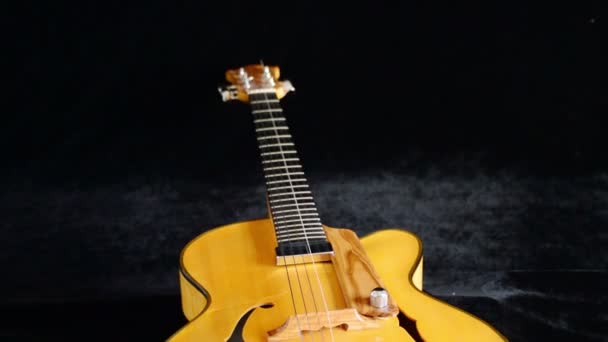 Frets, string, body, mouth and bridge of typical classic spanish guitar gyrating — Stock Video