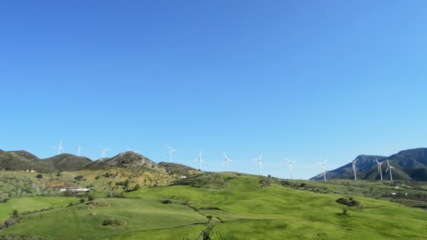 Energía de las turbinas eólicas en campo verde — Vídeos de Stock