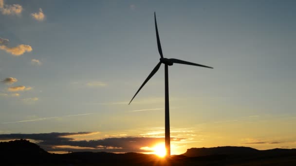 Éolienne en mouvement au coucher du soleil — Video