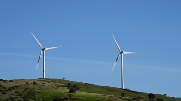 Windenergie turbines rijdt in een groen veld met zonnige dag — Stockvideo