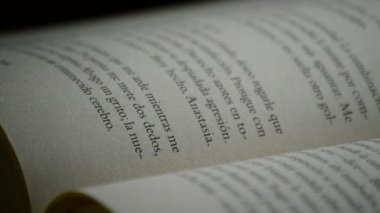 Metinler, öbekleri ve kelime İspanyolca siyah bir arka planda döner açık bir kitap sayfası