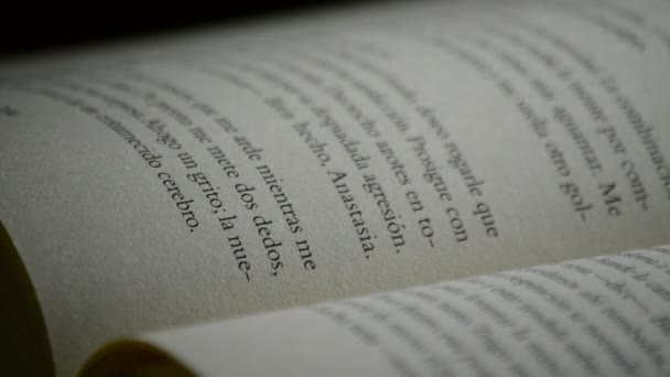 文本、 短语和单词西班牙语网页打开的书，在黑色背景上旋转 — 图库视频影像