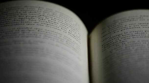 Detalj av sidor, texter, ord och fraser i öppen bok i kastilianska gyrating — Stockvideo