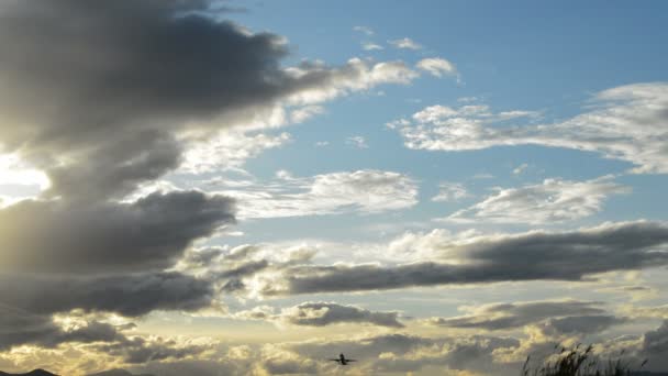 Aereo di passeggero che decolla da aeroporto in giorno nuvoloso — Video Stock