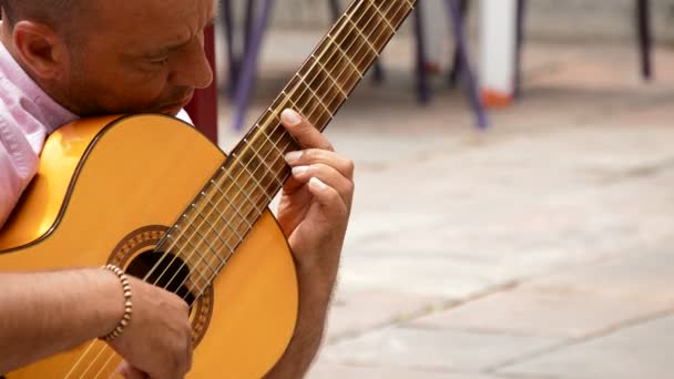 Gitarrist spelar en klassisk gitarr på en gata i Malaga medan människor promenera, Spanien — Stockvideo