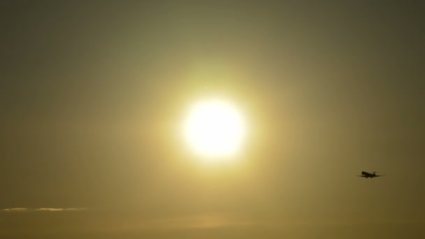 Avión llegando y pasando hacia adelante el sol al atardecer — Vídeo de stock