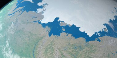 Laptev Denizi dünya gezegeninde, uzaydan hava manzaralı. 3d hazırlayıcı