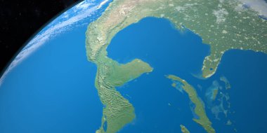 Dünya gezegenindeki Yucatan Yarımadası, uzaydan hava manzaralı. 3d hazırlayıcı