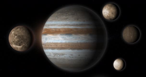 Jupiter Planet Och Hennes Månar Yttre Rymden — Stockvideo