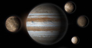 Jupiter planet and her moons in the outer space clipart