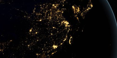 Dünya gezegeninde geceleri Çin uzaydan dönüyor.