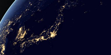 Dünya gezegeninde geceleyin Japonya 'nın görüntüsü uzaydan dönüyor.