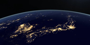 Dünya gezegeninde geceleri Japonya uzaydan dönüyor.