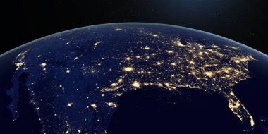 Dünya gezegeninde geceleri uzaydan dönen Kuzey Amerika manzarası