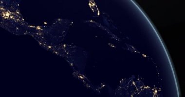 Dünya gezegenindeki Orta Amerika kıtası geceleri uzaydan dönüyor.