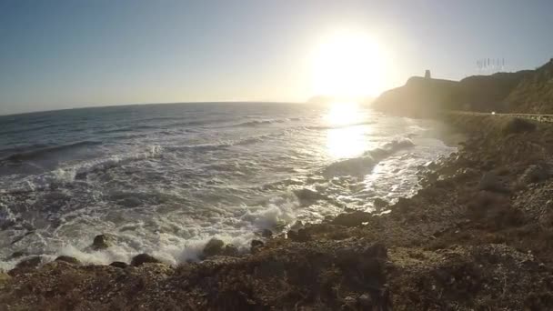 Sea Waves Breaking Rocky Shore Sunset Slow — Stock Video