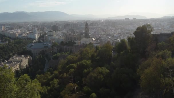Catedral Málaga Cidade Pôr Sol Gibralfaro Espanha Inclinação — Vídeo de Stock