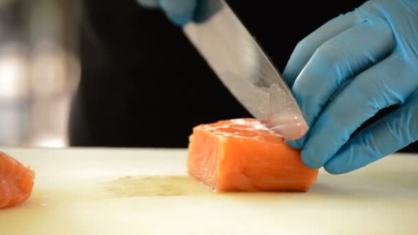 Les mains du chef coupant un filet de saumon — Video