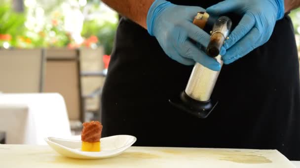 Chef-kok handen straalt een stukje van zalm — Stockvideo