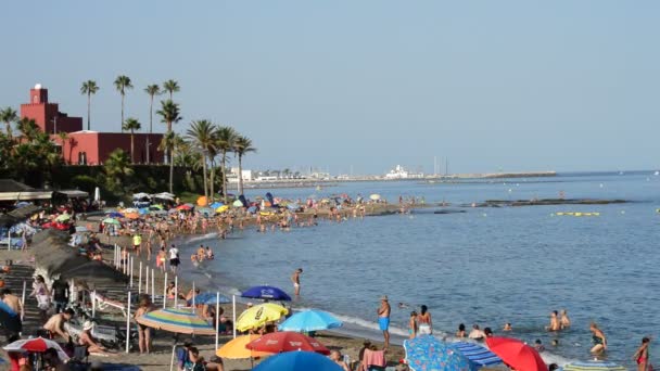 Beaches of southern Spain and swimmers crowded on a summer afternoon — Stock Video