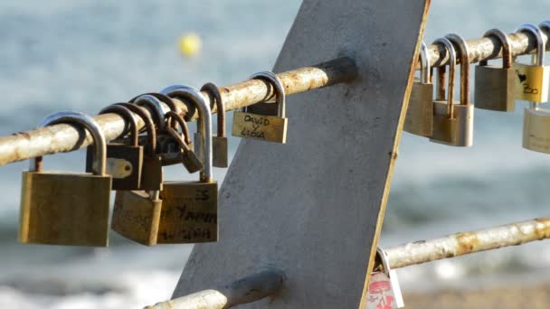 Padlocks with Names of Couples in Love — Stock Video