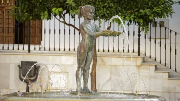 Fuente de agua Benalmádena chica de pueblo al atardecer — Vídeo de stock