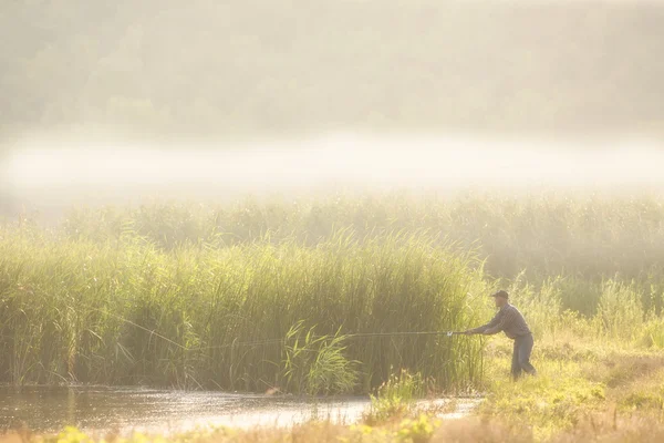 Fischer fängt einen Fisch im Teich. — Stockfoto