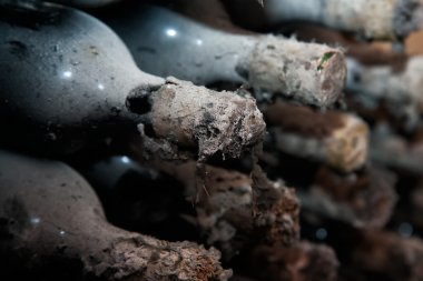 Uzun süreli depolama ile şarap şişeleri.