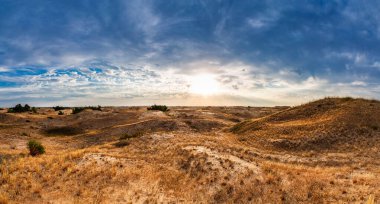 Kumulları olan güzel bir çöl manzarası. Güneşli bir günde kumların üzerinde yürü.