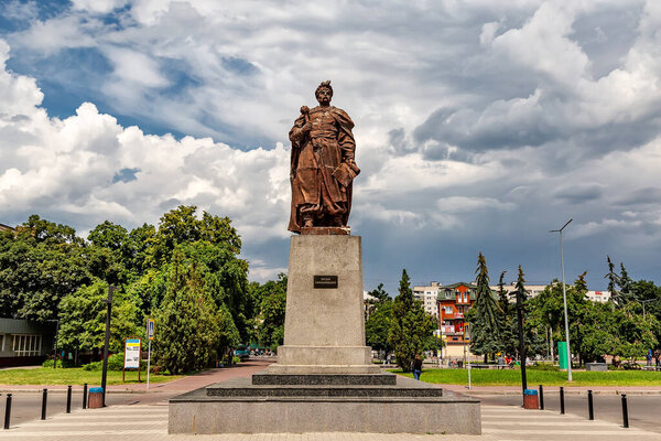 Khmelnitsky. Ukraine. June 19, 2020. Bronze monument to Bohdan Khmelnitsky with a mace on the square near the railway station. Most known city monument and original symbol of Khmelnitsky.