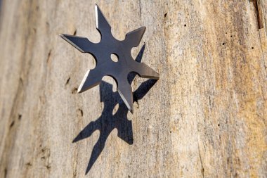 Shuriken (fırlatma yıldızı), geleneksel Japon Ninja soğuk silahı ahşap arka planda sıkışmış