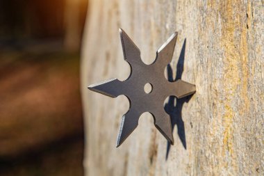 Shuriken (fırlatma yıldızı), geleneksel Japon Ninja soğuk silahı ahşap arka planda sıkışmış