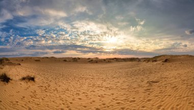 Kumulları olan güzel bir çöl manzarası. Güneşli bir günde kumların üzerinde yürü.