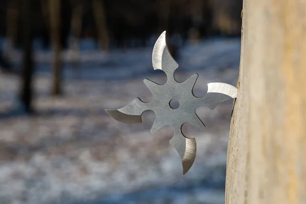 Shuriken Vrhací Hvězda Tradiční Japonský Ninja Studená Zbraň Uvízl Dřevěném — Stock fotografie