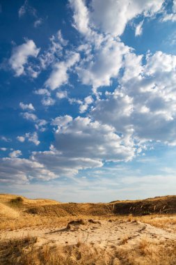 Kumulları olan güzel bir çöl manzarası. Güneşli bir günde kumların üzerinde yürü.