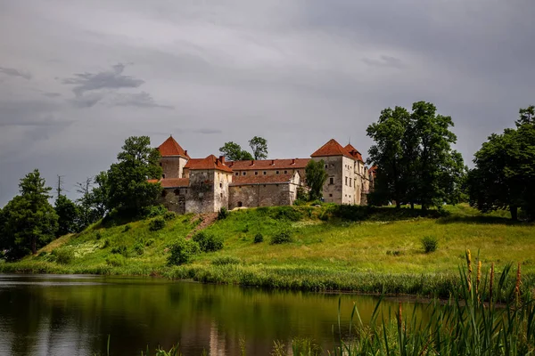 Bellissimo Panorama Del Castello Svirzh Lungo Fiume Una Giornata Estiva — Foto Stock