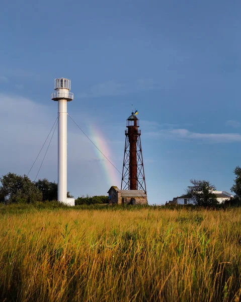 Phare Maritime Sur Île Dzharylhach Coucher Soleil — Photo