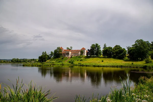 Vacker Utsikt Över Svirzh Slott Vid Floden Sommardag Nära Lviv — Stockfoto