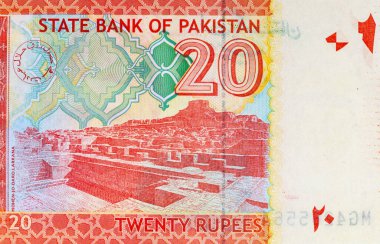 20 rupi Pakistan Banknotunda Feathering Mohenjo-daro, Larkana Sindh resmi. Pakistan 'ın kağıt parası..